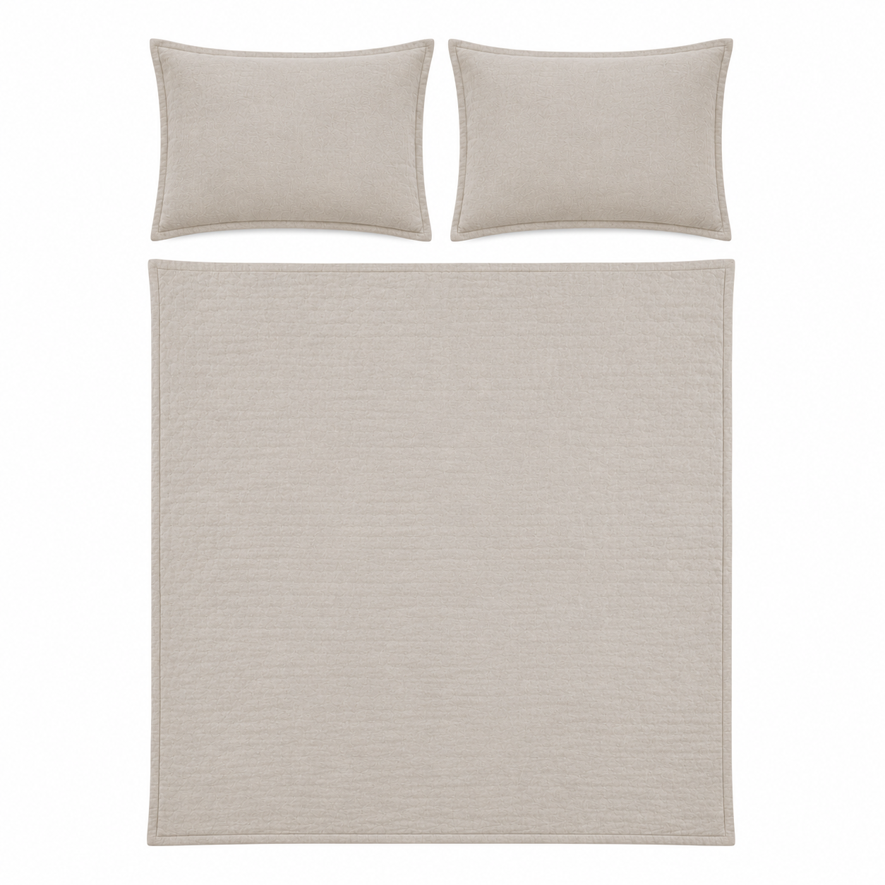 A bedding set featuring a textured quilt and two matching pillowcases in a light beige color, displayed on a solid white background.