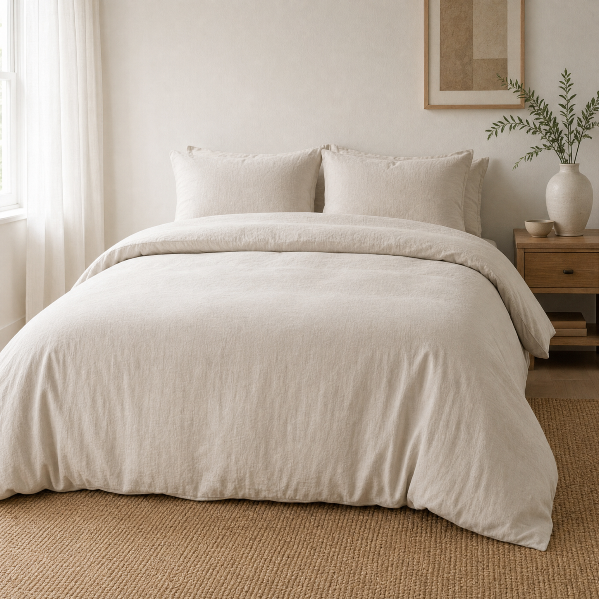 A neatly made bed in a softly lit bedroom, dressed with a duvet cover and two matching pillow shams. The room has a beige woven rug, a small wooden nightstand with a white vase and greenery, and a light wall with framed art.