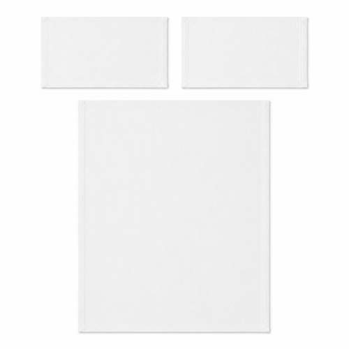 White three-piece bedding set with one duvet cover and two matching pillowcases on a white background.