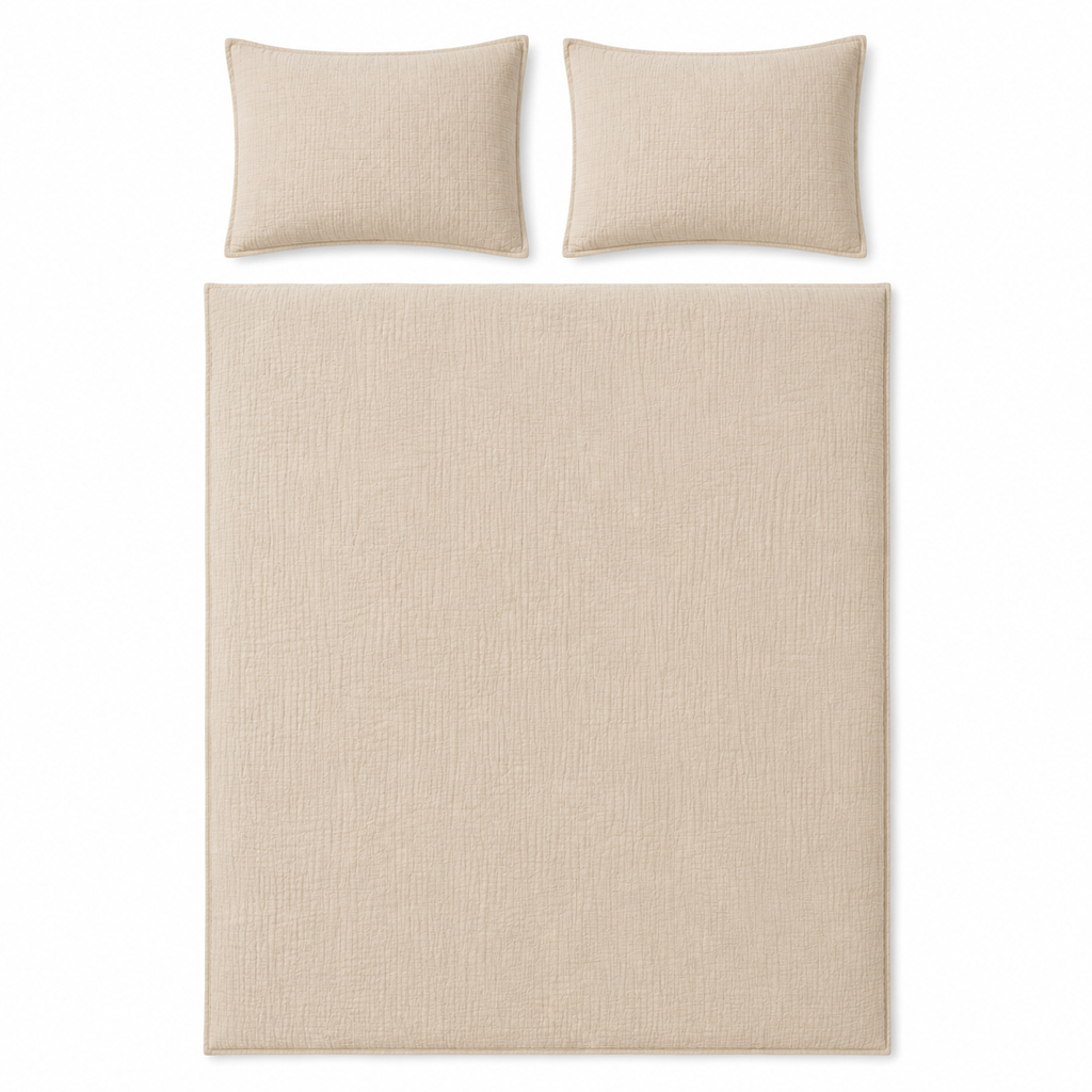 A beige textured bedding set featuring a duvet cover and two matching pillowcases, arranged neatly on a solid white background.