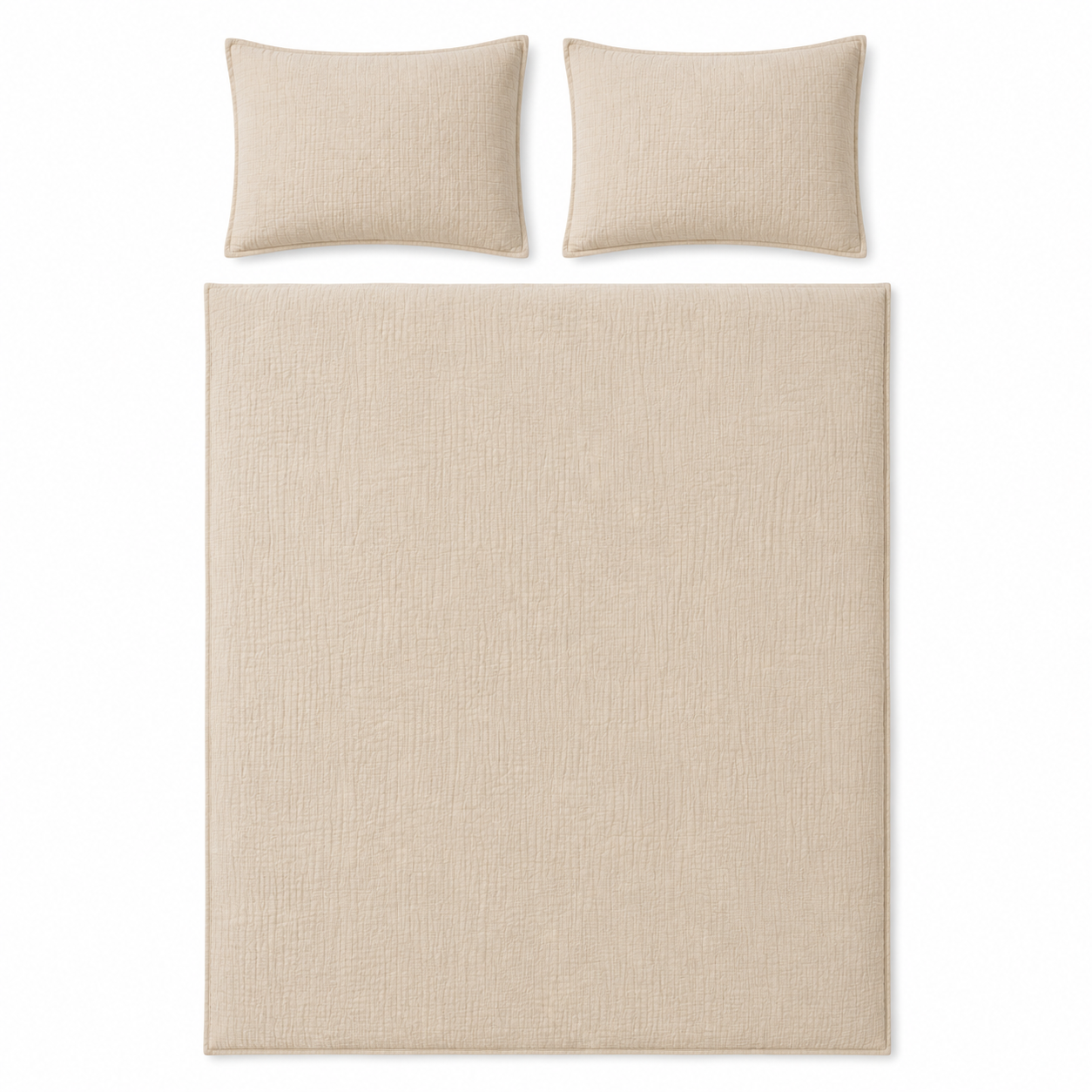 A beige textured bedding set featuring a duvet cover and two matching pillowcases, arranged neatly on a solid white background.