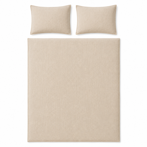 A beige textured bedding set featuring a duvet cover and two matching pillowcases, arranged neatly on a solid white background.