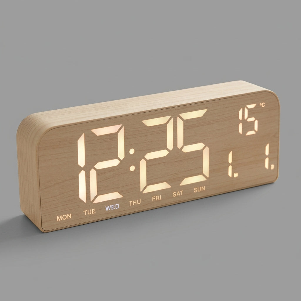 Modern Wooden Digital Alarm Clock with Temperature Display