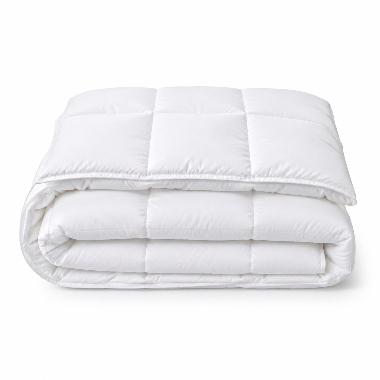 A folded white quilted comforter or duvet with a padded grid pattern, photographed on a clean white background.