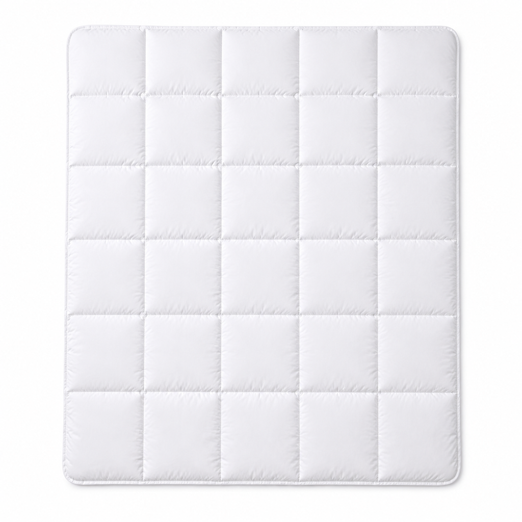 A white quilted mattress topper or mattress pad with a grid pattern of square compartments, shown flat against a white background.