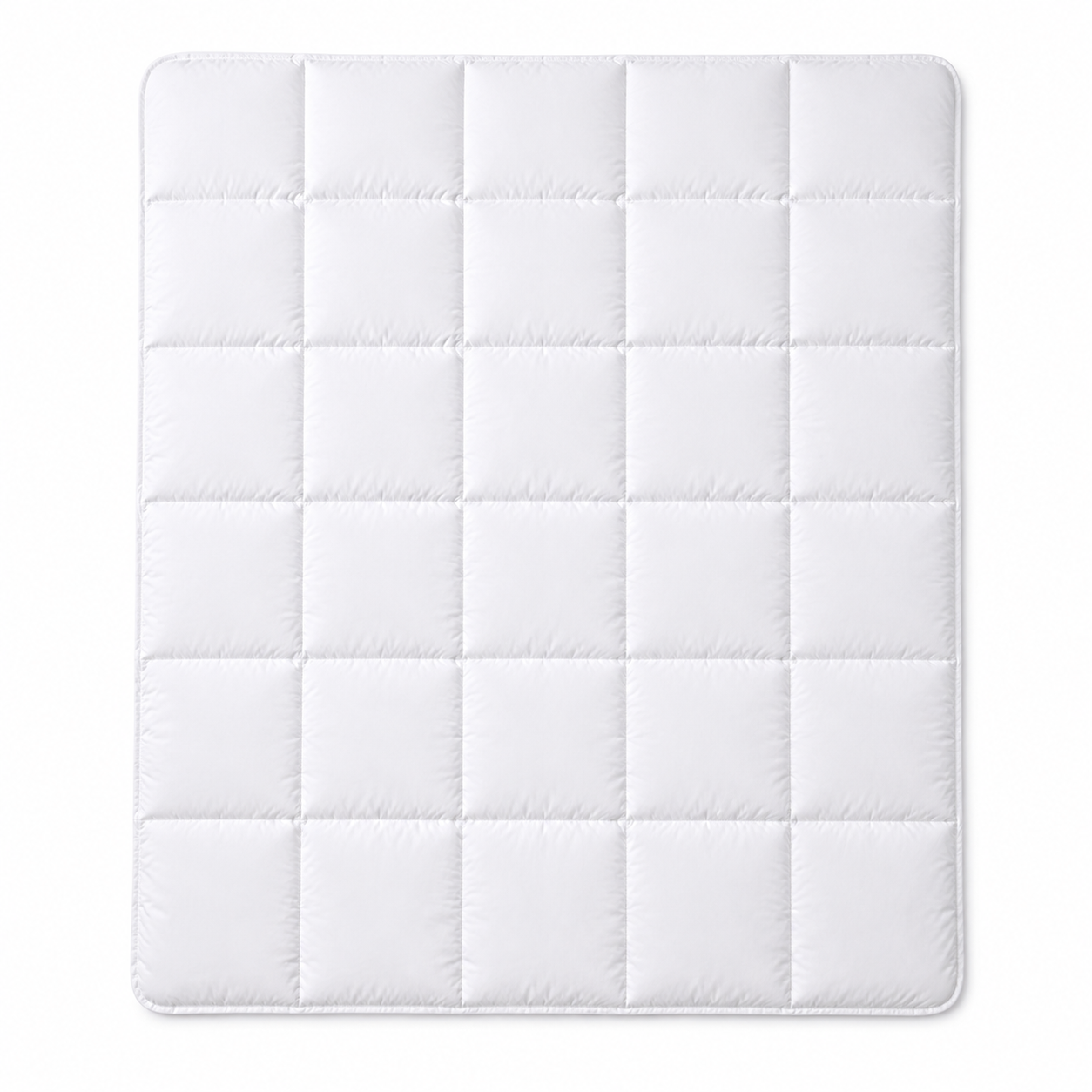 A white quilted mattress topper or mattress pad with a grid pattern of square compartments, shown flat against a white background.