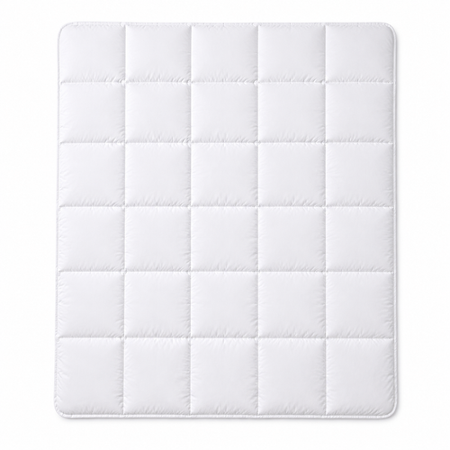 A white quilted mattress topper or mattress pad with a grid pattern of square compartments, shown flat against a white background.