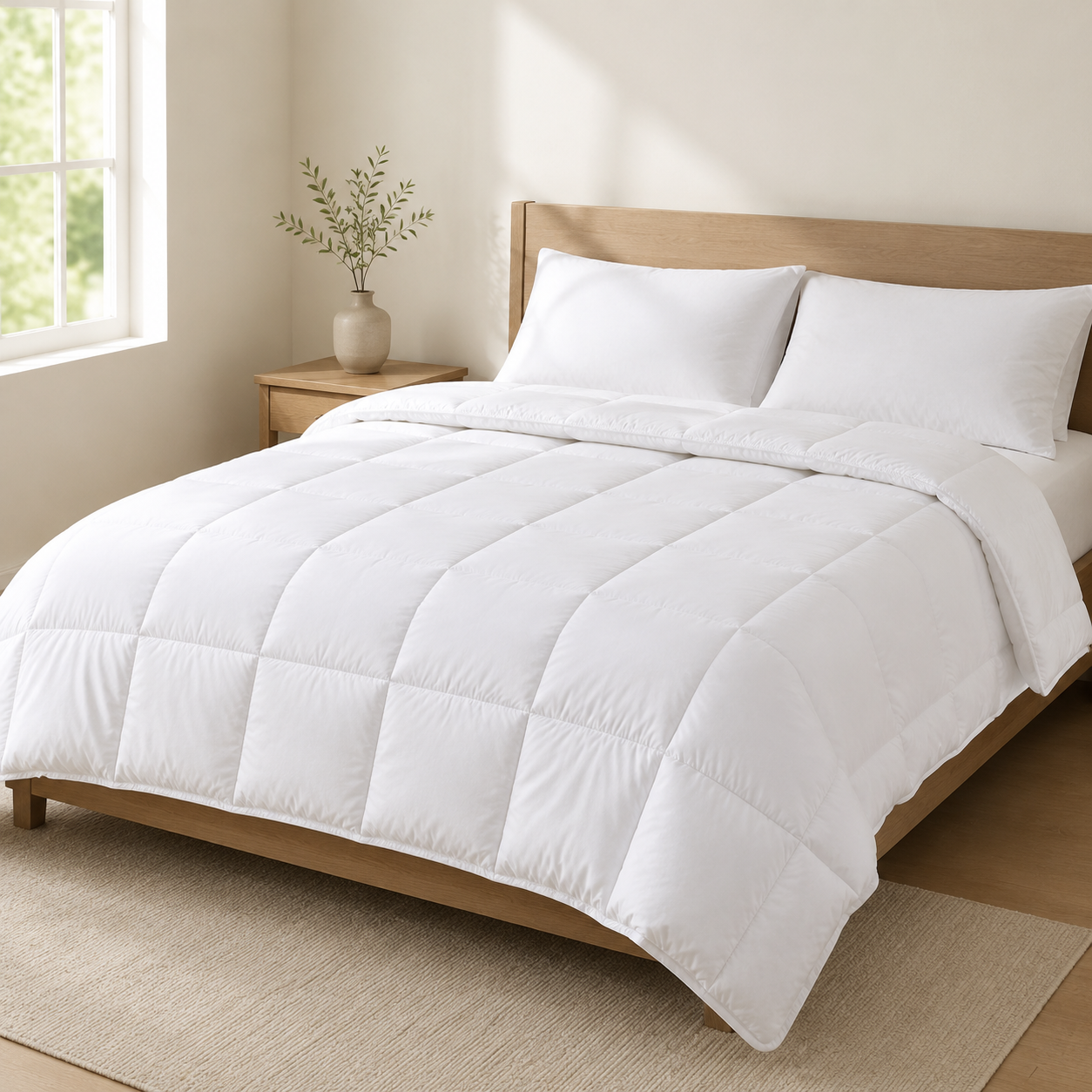 A white quilted comforter displayed on a wooden bed frame in a bright, neutral bedroom setting.