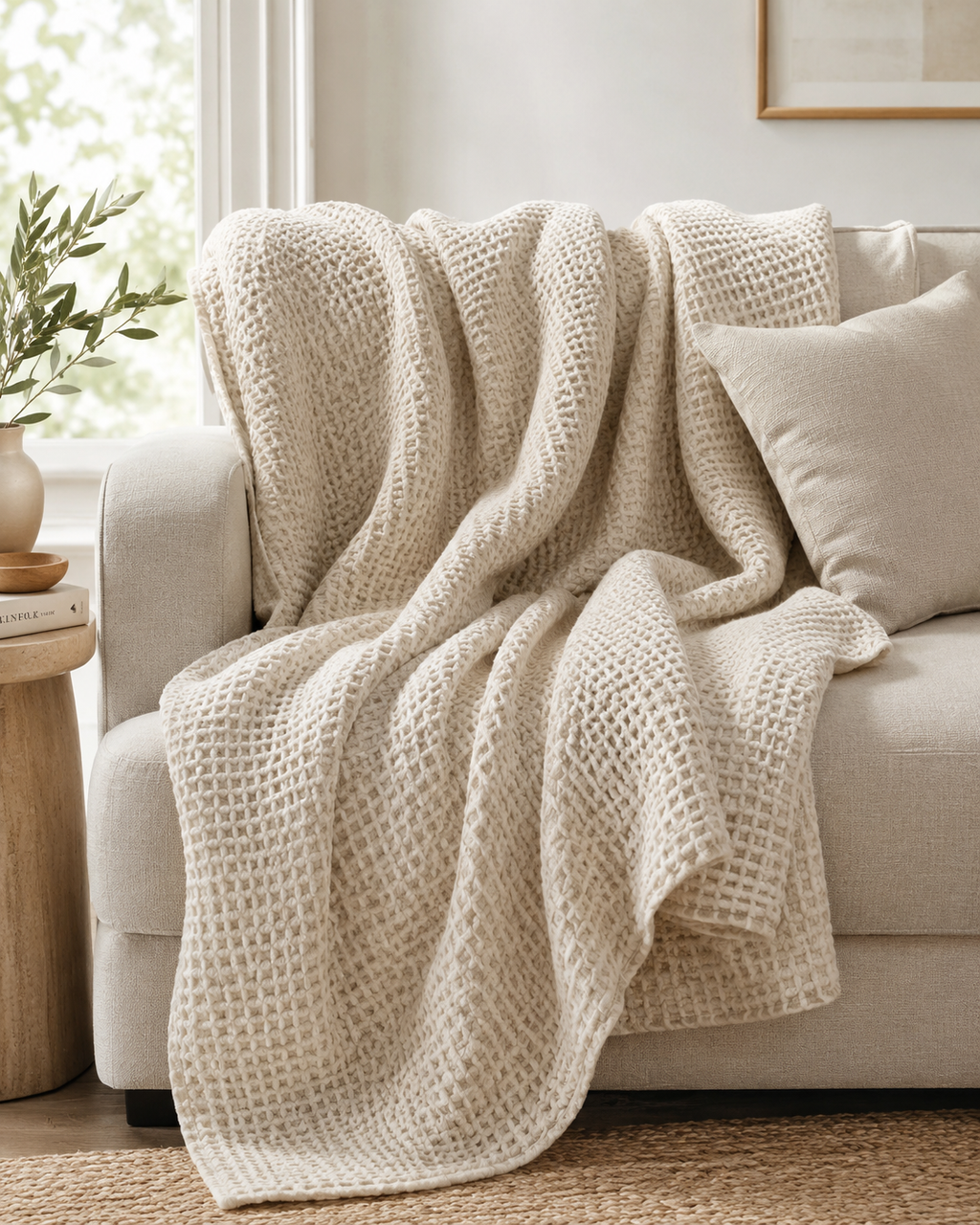 A cream-colored, chunky waffle-knit throw blanket draped over a light beige sofa in a bright, modern living room setting.