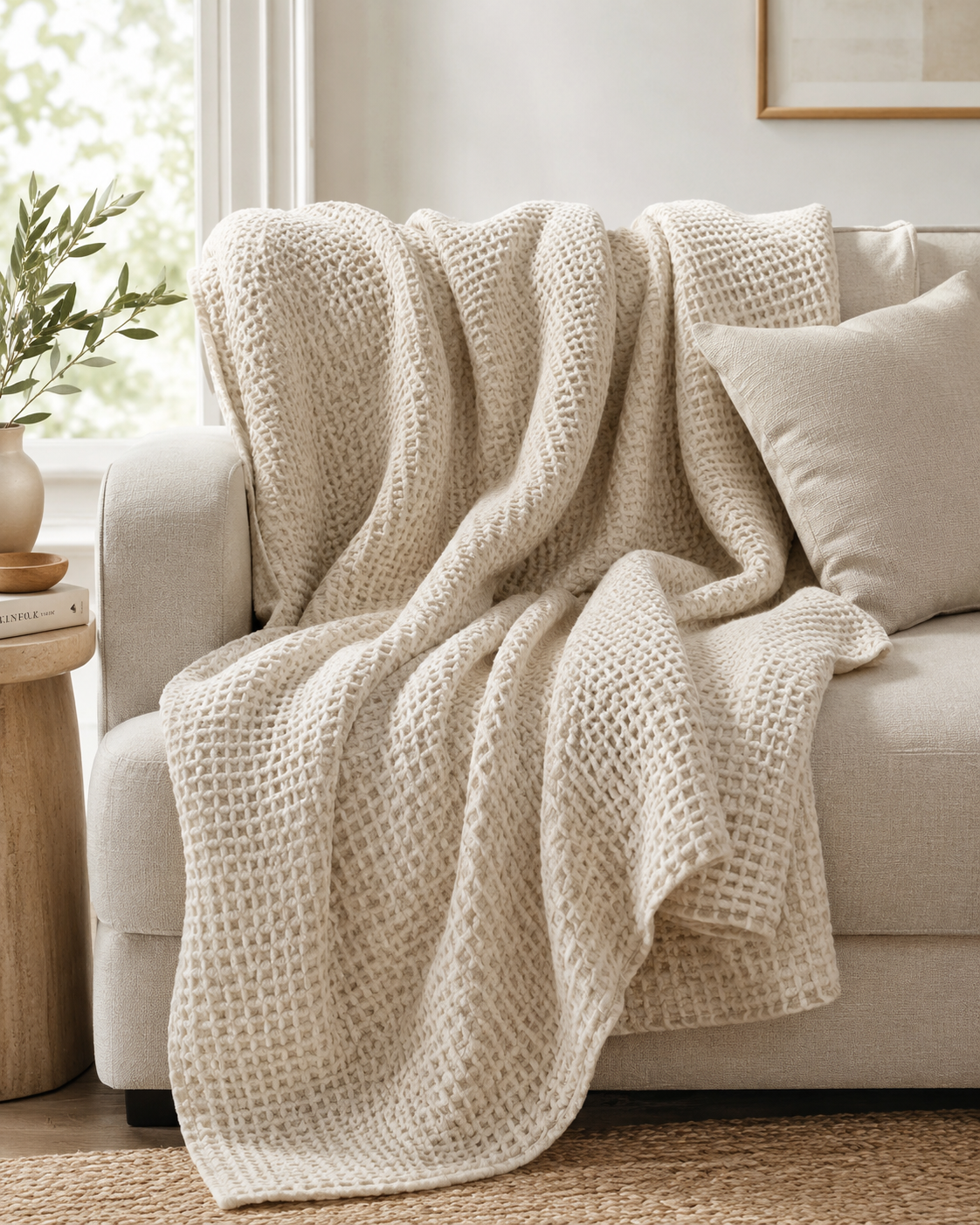 A cream-colored, chunky waffle-knit throw blanket draped over a light beige sofa in a bright, modern living room setting.