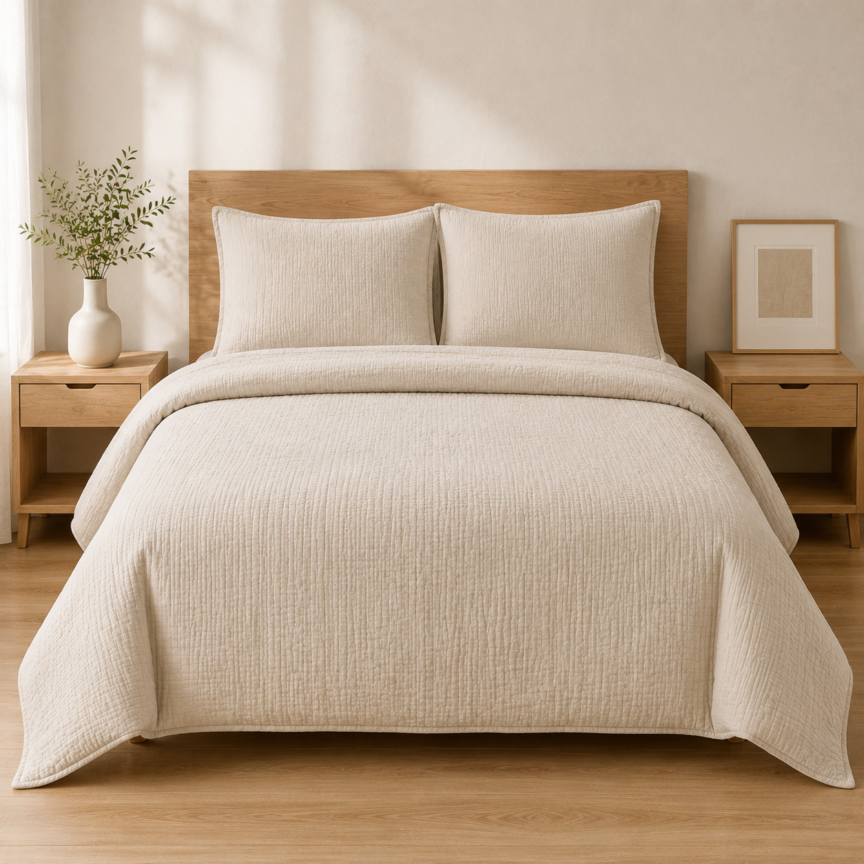A neatly made bed with a textured beige quilt and two matching pillow shams, set in a minimalist bedroom with light wood furniture and a vase of greenery.