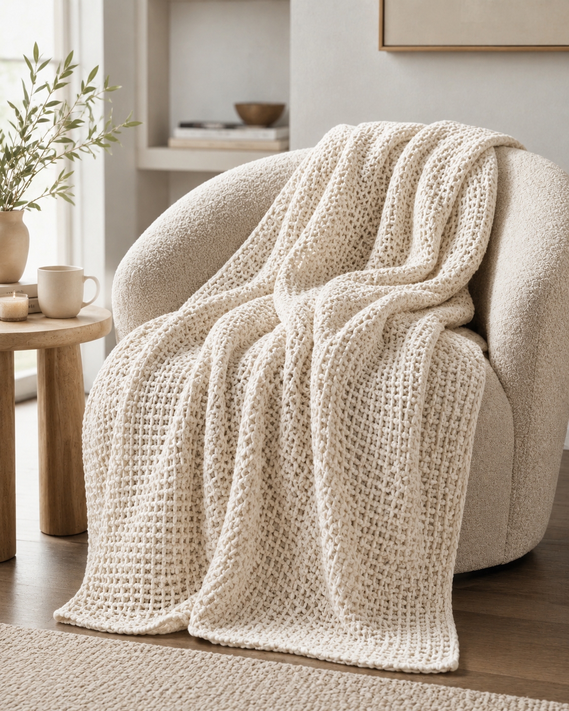 A chunky knit cream throw blanket draped over a beige armchair in a softly lit living room with a small wooden side table and plant.