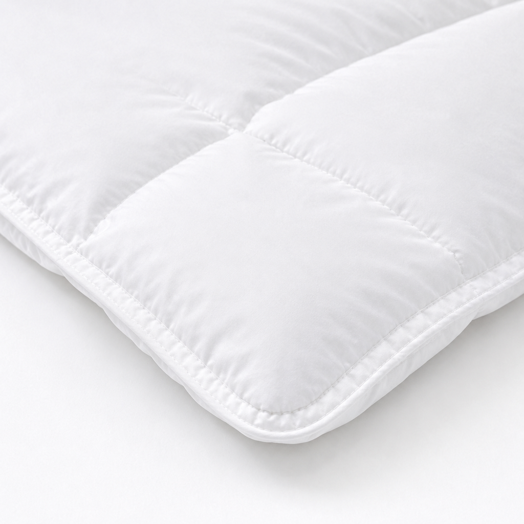 A close-up of a white quilted cushion or pillow corner with stitched padding, shown on a clean white background.