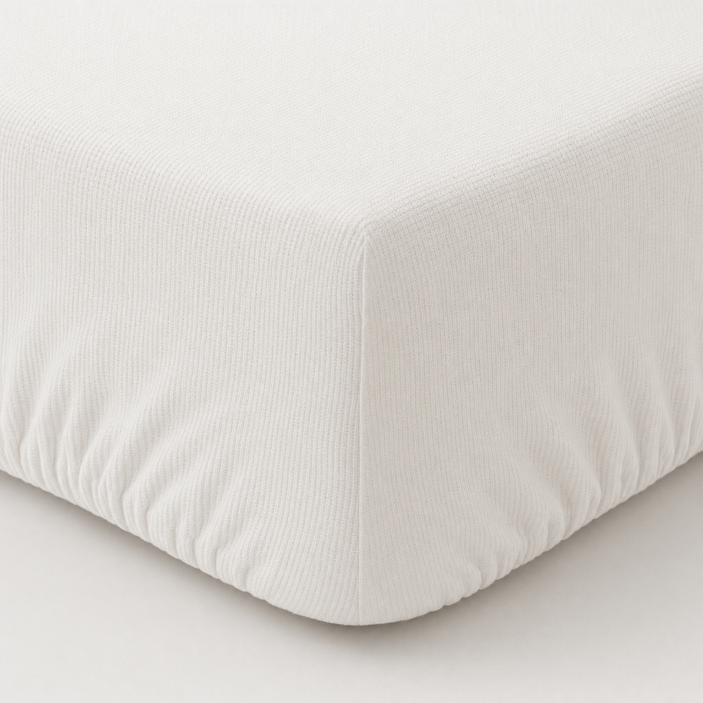 A close-up of a white fitted sheet on a mattress corner, showing the textured fabric and stitched edge against a clean white background.