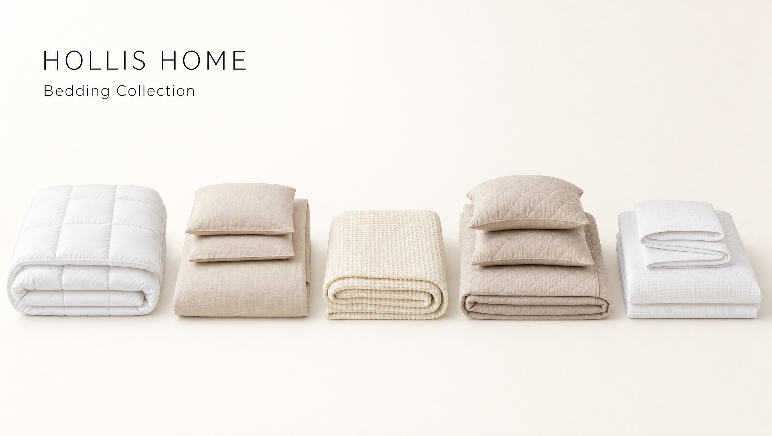 Five folded bedding items in neutral tones are arranged in a row on a clean off-white background, with the text 'HOLLIS HOME Bedding Collection' in the upper left. The set includes a white quilted blanket, beige and cream folded sheets/pillows, and a white folded duvet or comforter with a folded logo on top.
