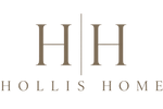 A minimalist logo featuring two large taupe-brown serif letters 'H' separated by a vertical line, with the words 'HOLLIS HOME' in smaller taupe serif letters below on a solid black background.