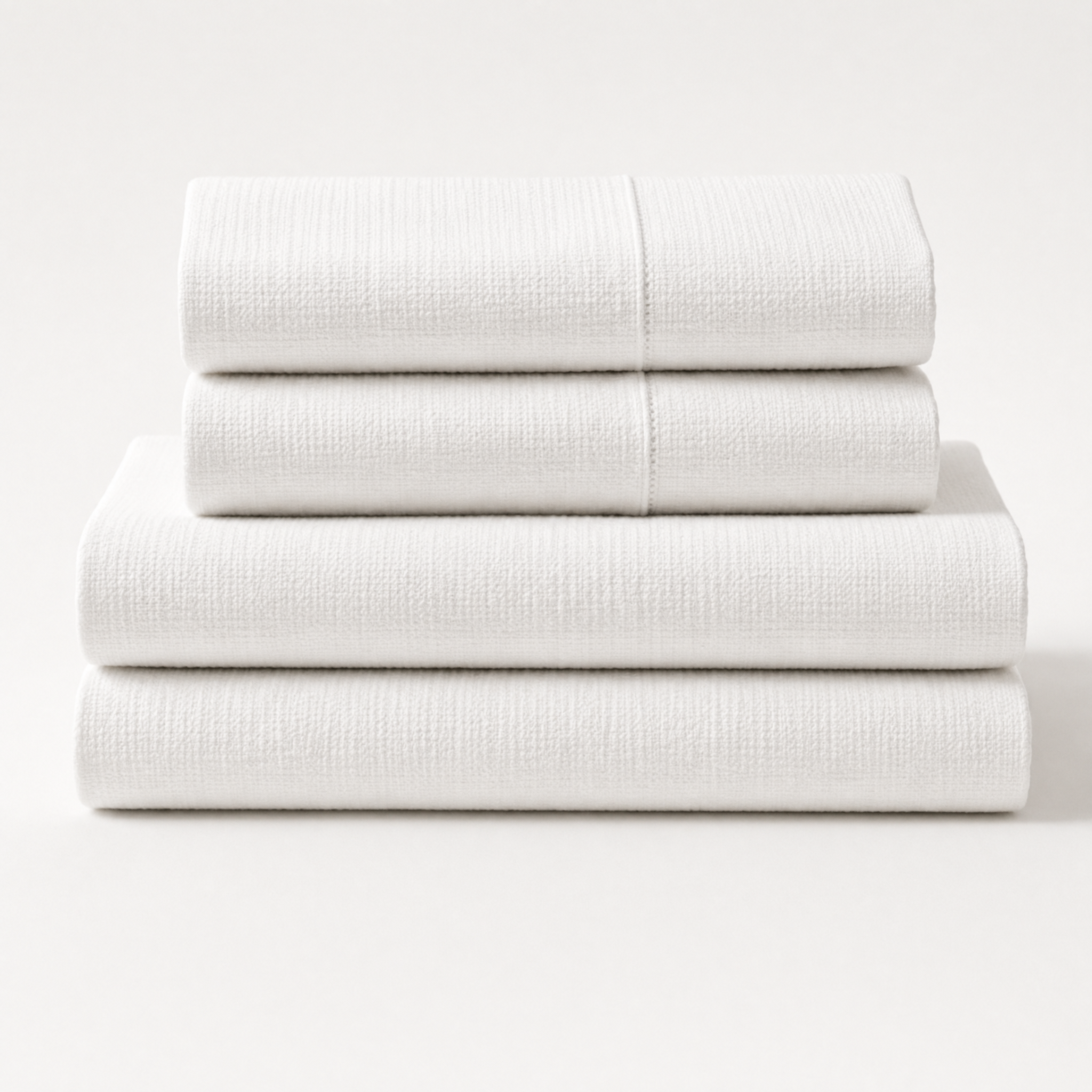Three piece folded white textured bedding set stacked neatly on a clean white background.