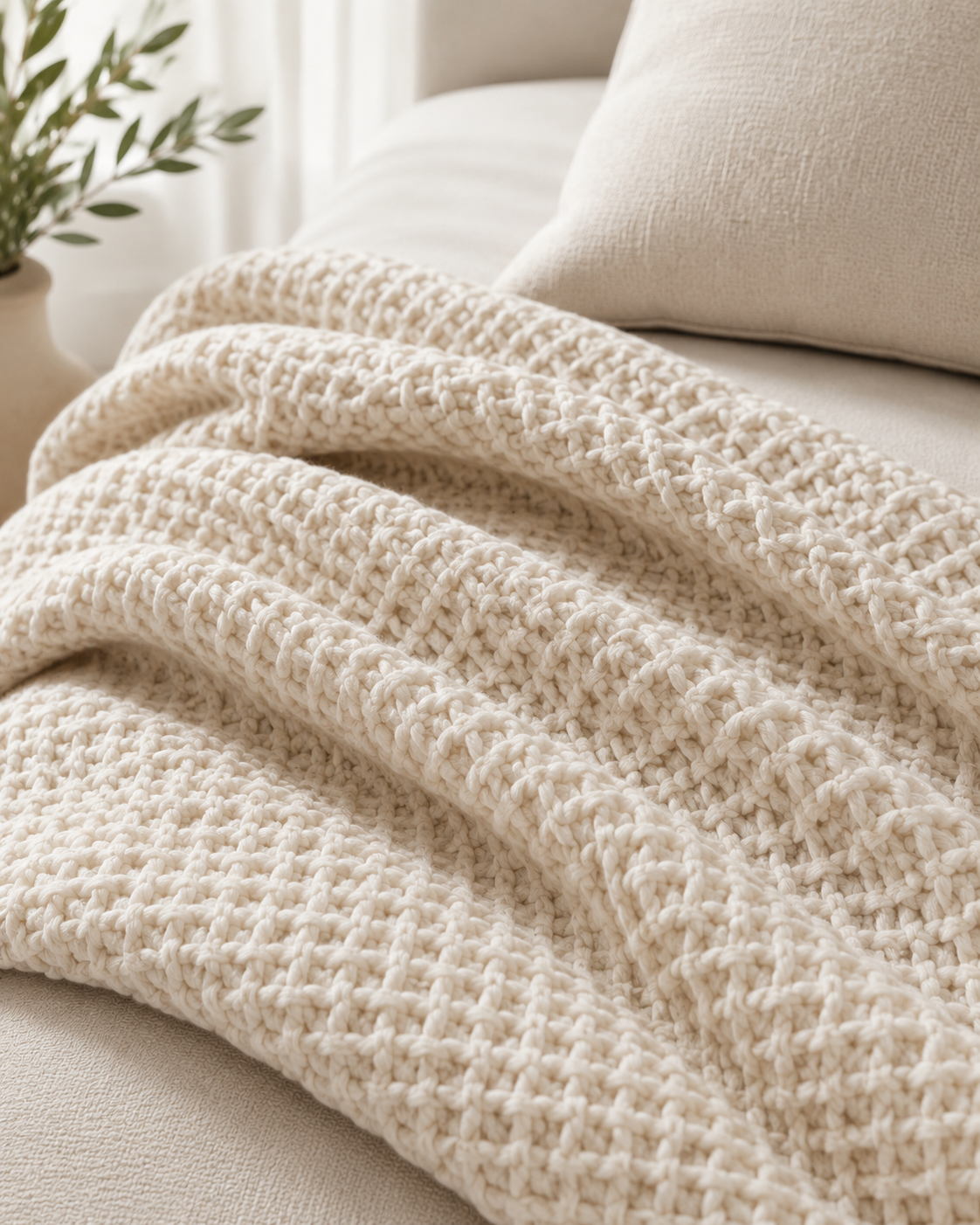 A close-up of a chunky knit throw blanket in a warm cream or off-white color, draped over a light beige sofa and a small plant in the background.
