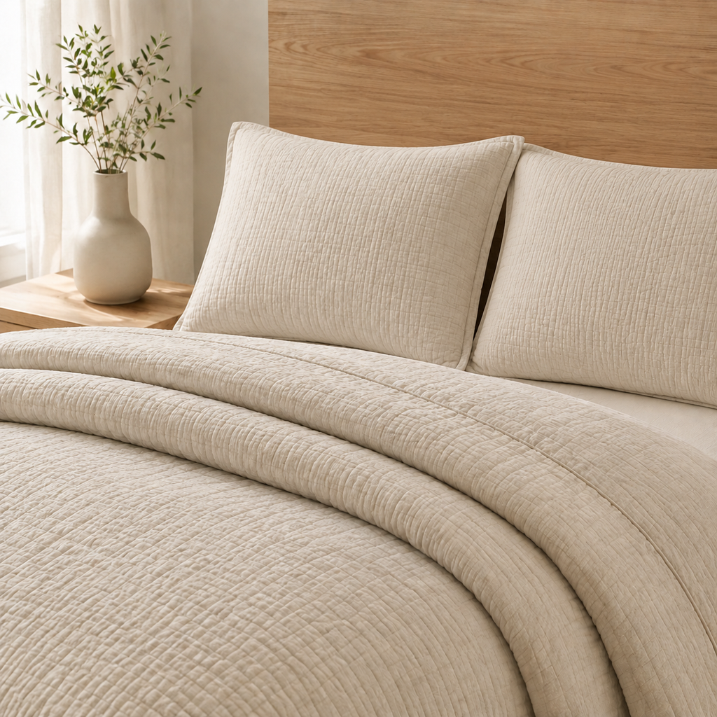 Beige textured bedding set with a quilt and two matching pillowcases on a bed, styled with a wooden headboard, a small vase with greenery on a bedside table, and soft window light.