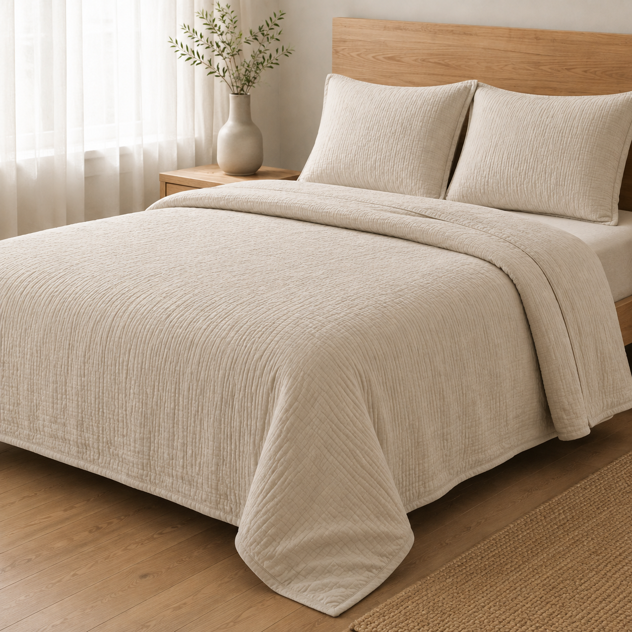A beige textured quilted bedding set, including a coverlet and two matching pillowcases, styled on a bed with a wooden headboard in a bright, modern bedroom.