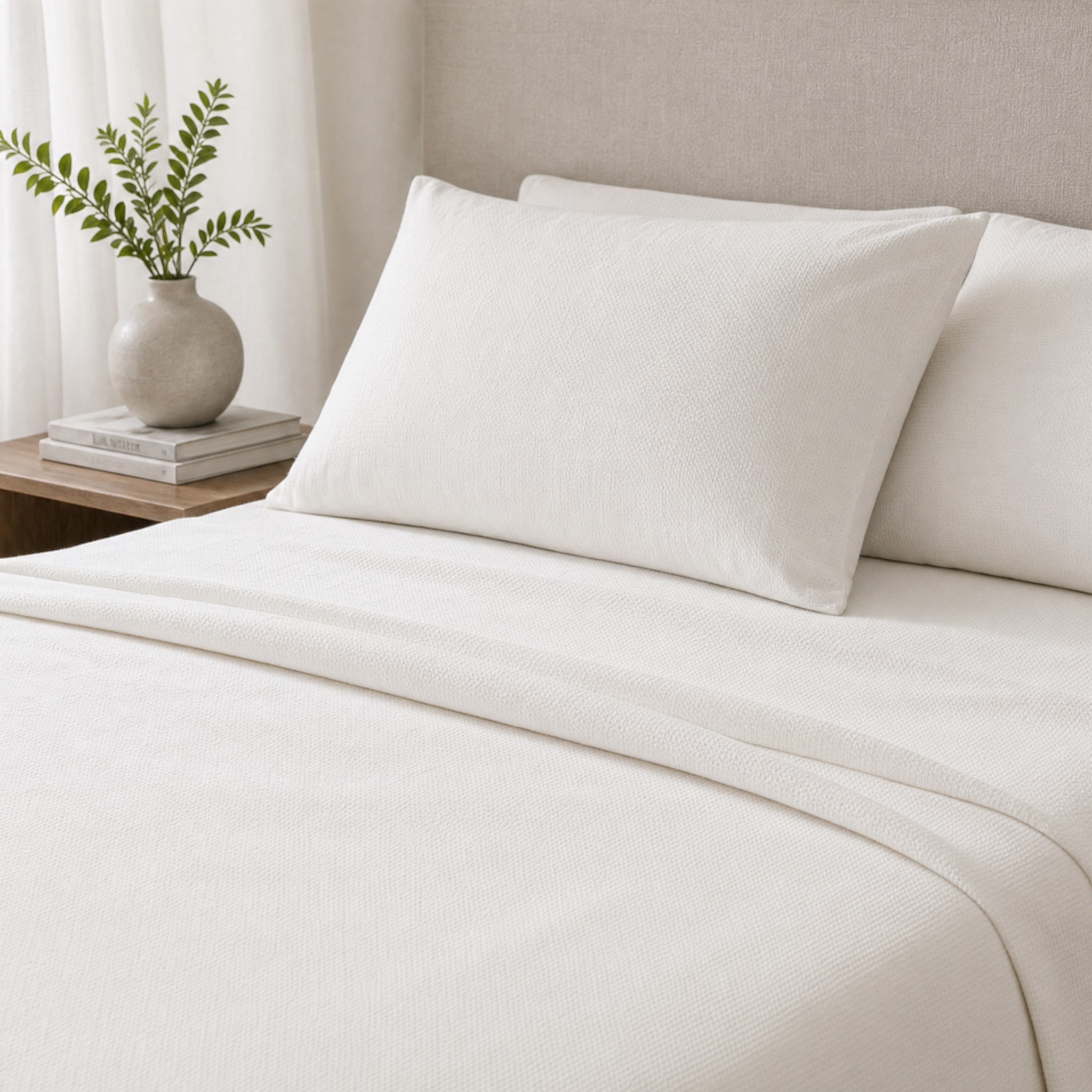 White textured bed sheets and matching pillowcases on a neatly made bed, with a neutral upholstered headboard, a small wooden side table, books, and a vase with greenery in the background.