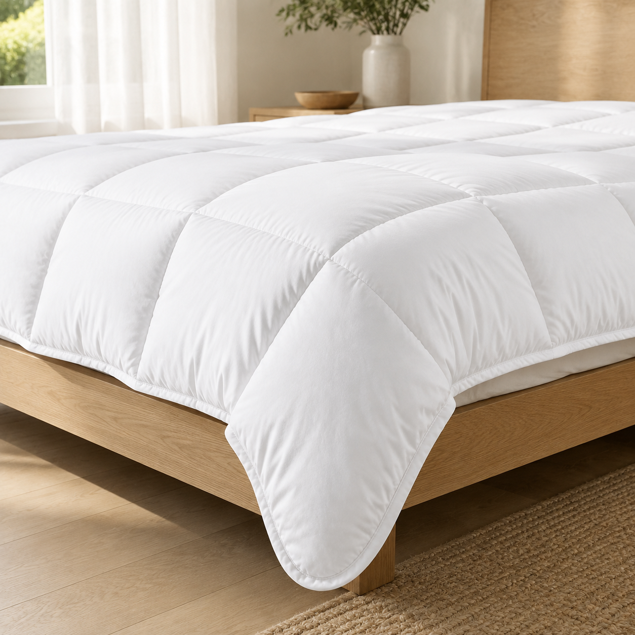 A white quilted comforter or duvet cover spread across a light wood bed frame in a bright, softly lit bedroom. The bedding has a padded grid pattern and is shown draped over the side of the bed, with part of the underside visible.
